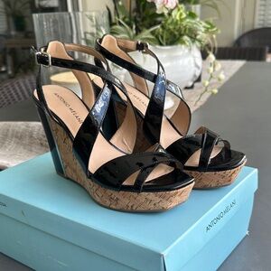 ANTONIO MELANI Black Patent Cork SYDNIEE Wedge Sandals with Ankle Strap. New